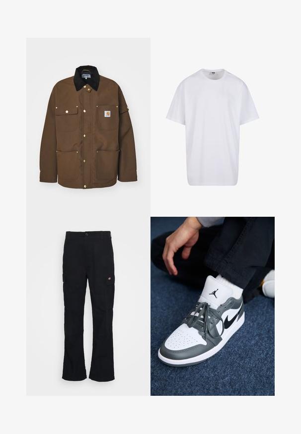 Chaqueta marrón hecha de tela resistente, con un cuello de pana negro, botones dorados y múltiples bolsillos con un parche de logo.; Camiseta blanca de algodón con mangas cortas, cuello redondo, corte relajado y sin logotipos ni patrones visibles. Textura suave y diseño minimalista.; Pantalones cargo negros con un diseño de pierna recta, hechos de tela duradera, con bolsillos laterales y un logo de parche en el lado izquierdo.; Zapatillas Nike Air Jordan 1 en cuero blanco y gris, con un logo negro, punta perforada y cordones grises planos.
