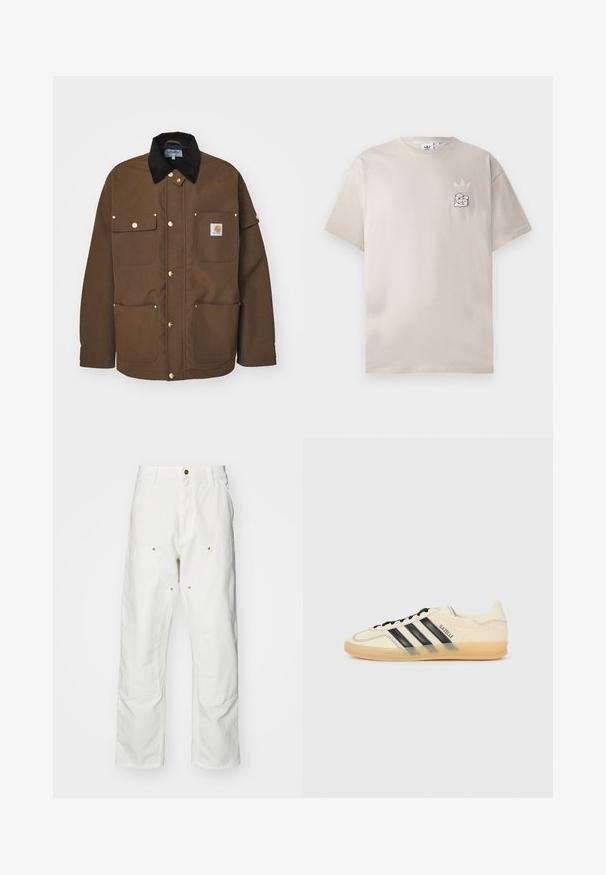 Giacca marrone in tessuto resistente, con colletto in velluto a coste nero, bottoni dorati e numerose tasche con una toppa del logo.; T-shirt di cotone beige con collo rotondo, maniche corte e un grafico logo discreto sul petto sinistro. Texture morbida, design semplice.; Pantaloni cargo bianchi in cotone con vestibilità rilassata. Tra le caratteristiche ci sono tasche frontali, dettagli in metallo dorato e sezioni rinforzate sulle ginocchia.; Sneaker di colore crema chiaro con design a tre strisce nere, tomaia testurizzata, punta rotonda e suola in gomma. Presenta lacci e branding sul lato.