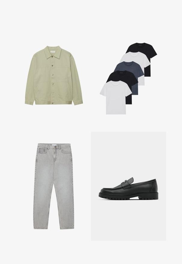 Chaqueta de algodón de color verde claro, con botones. Presenta dos bolsillos de parche en la parte frontal y un collar clásico. Tejido texturizado con un acabado suave.; Conjunto de cinco camisetas en negro, blanco y azul marino. Tejido de algodón, de manga corta, diseño de cuello redondo y textura lisa sin patrones.; Pantalones de mezclilla gris claro con un diseño de pierna recta, estilo de cinco bolsillos y cierre de botón. Costuras visibles a lo largo de las costuras.; Mocasines de cuero negro con punta redonda, que cuentan con un diseño cosido, suela de plataforma baja y una suela de goma texturada y con tacos.