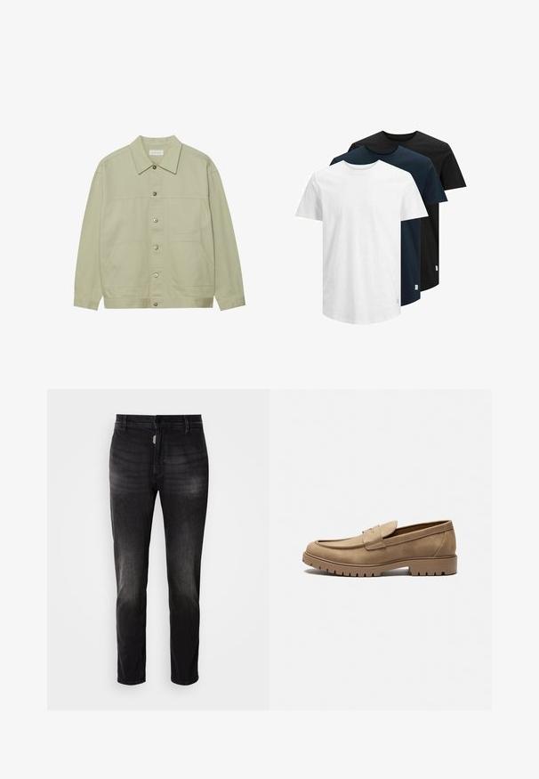 Hele roheline, nööbiga jope, mis on valmistatud puuvillast. Omab kahte ees olevat klapiga taskut ja klassikalist kraed. Tekstuuriga kangas, millel on sile viimistlus.; Kolm lühikeste varrukatega T-särki valges, tumesinises ja mustas värvitoonis. Valmistatud puuvillast, ümar kaelus ja sirge serv. Lihtne disain, ilma mustriteta.; Mustast denimist püksid sirge lõikega, mis sisaldavad nööpidega sulgemist, viit taskut ja kangas on õrnalt pleekinud.; Tan värvi seemisnahast loafersid, ümarate varvastes, lame kummitald ja dekoratiivne õmblus ülemisel osal. Omavad libisemisega disaini, ilma paeltega.