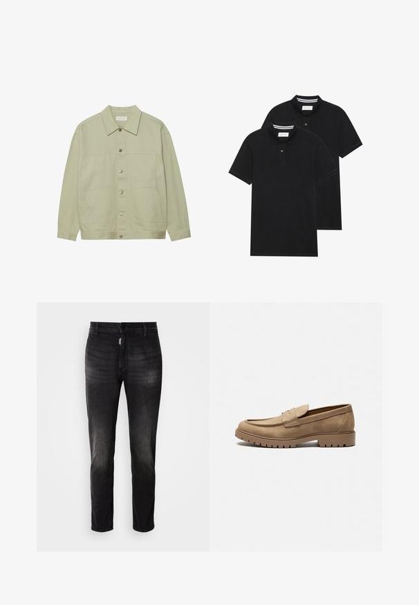Veste boutonnée vert clair en coton. Possède deux poches plaquées à l'avant et un col classique. Tissu texturé avec une finition lisse.; Deux polos noirs, à manches courtes, en coton, avec un col classique, une patte de boutonnage à deux boutons, et des accents rayés blancs à l'intérieur du col.; Jean en denim noir à coupe droite, avec une fermeture à bouton, cinq poches et un léger dégradé dans la texture du tissu.; Mocassins en daim beige avec un bout arrondi, semelle en caoutchouc plate et coutures décoratives sur la tige. Dispose d'un design à enfiler sans lacets.