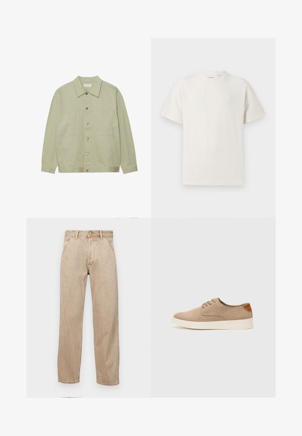 Hellgrüne, kurzärmelige Jacke mit Knöpfen aus Baumwolle. Verfügt über zwei aufgesetzte Taschen auf der Vorderseite und einen klassischen Kragen. Strukturiert mit einer glatten Oberfläche.; Weißes T-Shirt mit kurzen Ärmeln in gerippter Textur. Runder Ausschnitt, lockere Passform, keine sichtbaren Muster oder Akzente. Einfaches und vielseitiges Design.; Beige Denim-Jeans mit geradem Beinschnitt, ausgestattet mit Vordertaschen, einem Metallknopfverschluss und feiner Textur.; Beige Wildleder-Sneaker mit runder Zehenpartie, Schnürung und strukturiertem Rückenteil. Die weiße Gummisohle sorgt für einen Kontrast. Einfaches und modernes Design.