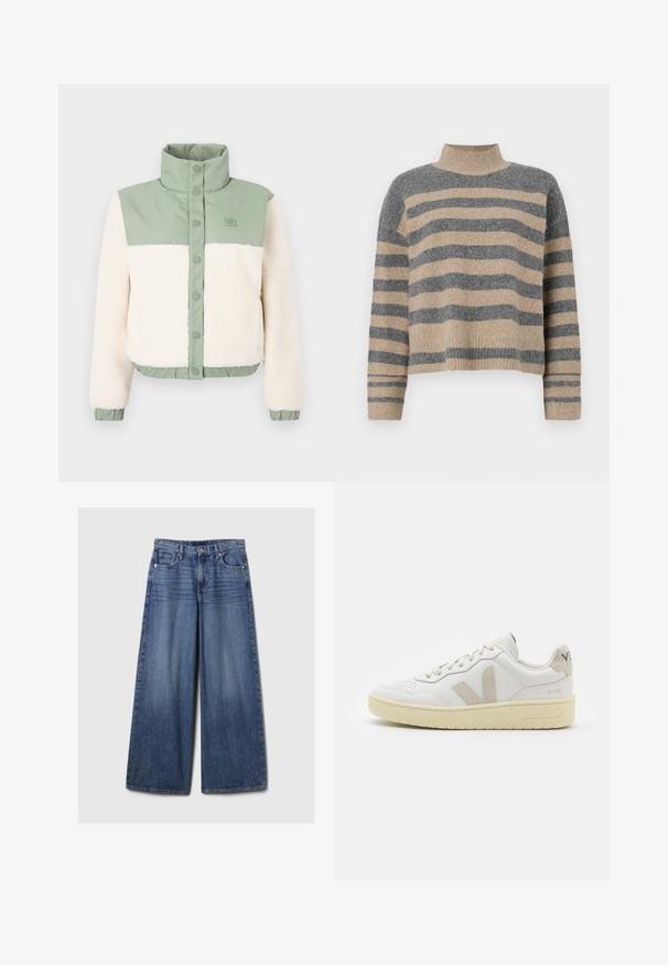 Giacca corta con corpo in morbido pile crema, spalle in nylon verde e colletto alla coreana con chiusura a bottoni. Orlo e polsini elasticizzati.; Maglione a righe realizzato in maglia, nei colori grigio e beige, con collo alto, maniche larghe con polsini e una vestibilità rilassata con un design corto.; Jeans in denim blu a gamba larga con una finitura sbiadita, dotati di chiusura a bottone e zip, cinque tasche e passanti per cintura.; Sneaker in pelle bianca con dettagli in suede beige, punta perforata, lacci piatti e suola testurizzata color crema. Presenta un logo discreto sul tallone.