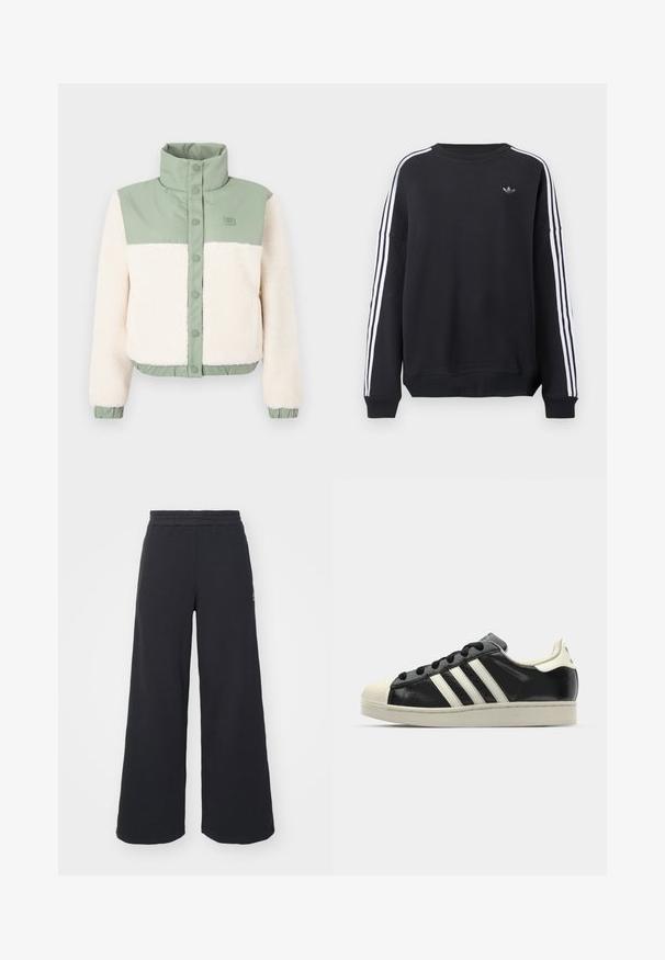 Kurz geschnittene Jacke mit weichem, cremefarbenem Fleece-Körper, grünen Nylon-Schultern und Stehkragen mit Knopfverschluss. Elastischer Saum und Bündchen.; Schwarzer Pullover mit langen Ärmeln, weißen Streifen an jedem Arm und einem kleinen grauen Logo auf der Brust. Material aus Baumwolle, lässige Passform.; Schwarze weite Sweatpants aus weichem Material, mit einem elastischen Taillenbund und einem kleinen Logo auf der linken Seite.; Schwarze Ledersneaker mit weißen Streifen, Gummikappe, schwarzen Schnürsenkeln und einer cremefarbenen Sohle. Glatte Textur mit glänzender Oberfläche.