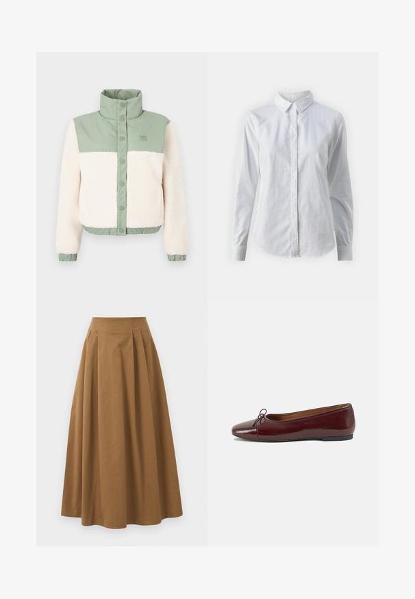 Kort jakke med myk kremfarget fleece kropp, grønne nylon skuldre og stående krage med knappelukking. Elastisk linning og mansjetter.; Hvit skjorte med knapper laget av glatt bomull, med klassisk krage, lange ermer og buet skjær. Knapper er små og hvite.; Brun bomull A-linje skjørt med høy midje, med folder foran og en jevn tekstur. Kantene er rene og enkle.; Burgunderrød lakk lær ballettleilighet med rund tå, liten sløyfe foran og en lav, svart gummisåle. Glatt tekstur.