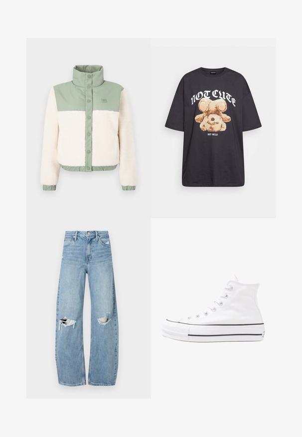 Cropped jacket featuring a soft cream fleece body, green nylon shoulders, and a stand-up collar with button closure. Elasticized hem and cuffs.; Black oversized t-shirt featuring a graphic of a bear with the text “NOT CUTE BUT WILD” in bold, white lettering. Cotton material.; Light blue, high-waisted jeans made of denim. Feature wide legs, two torn knee areas, and classic five-pocket styling.; White high-top canvas sneaker with black rubber sole, front rubber toe cap, and six eyelets for laces, featuring a clean, minimalist design.