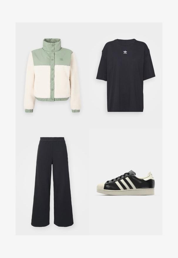 Krótką kurtkę z miękkim kremowym korpusem z polaru, zielonymi nylonowymi ramionami oraz stójką zapinaną na guziki. Elastyczny dół i mankiety.; Czarna bawełniana koszulka z krótkim rękawem, okrągłym dekoltem, z białym logo Adidas na klatce piersiowej. Prosty design, luźny krój.; Czarne szerokie spodnie dresowe wykonane z miękkiego materiału, z elastycznym paskiem w talii oraz małym logo po lewej stronie.; Czarne skórzane trampki z białymi paskami, gumowym czubkiem, czarnymi sznurówkami i kremową podeszwą. Gładka faktura z połyskującym wykończeniem.