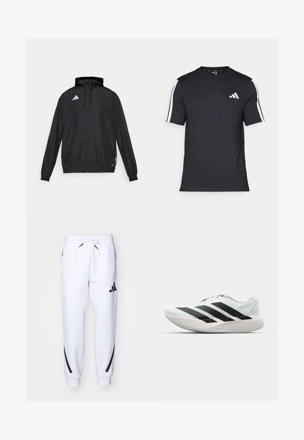 Casaco desportivo preto feito de material leve. Apresenta um capuz, fecho de correr e punhos elásticos. Logótipo branco no lado superior esquerdo.; T-shirt preto feito de algodão, com mangas curtas, apresentando riscas brancas nos ombros e um logótipo branco no lado esquerdo do peito.; Calças de treino brancas com detalhes pretos, feitas de tecido macio, com cintura elástica, fecho de cordão e bolsos laterais.; Tênis de corrida leves em azul pálido com riscas pretas. Apresentam um cabedal liso, bico redondo e uma entressola espessa branca rotulada como "LIGHTSTRIKE PRO."
