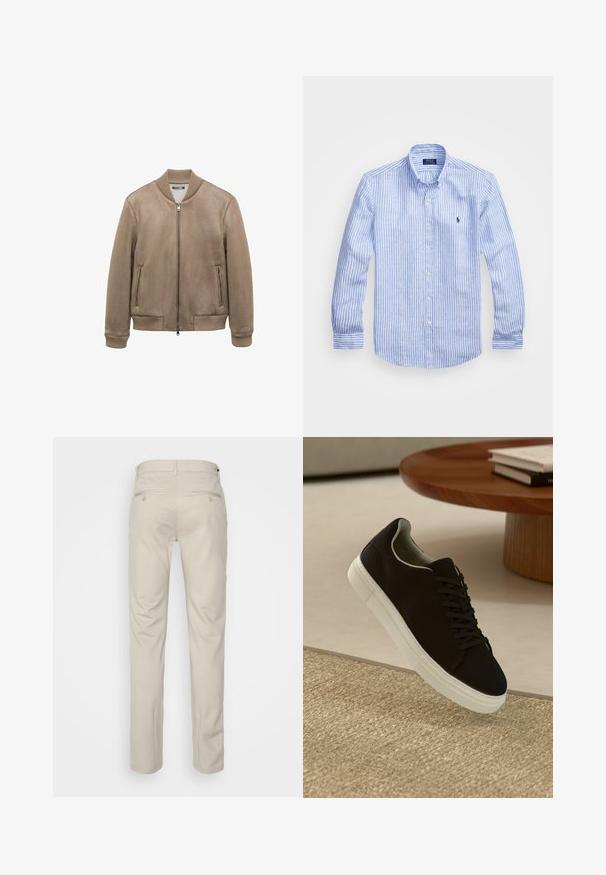 Bruine suede bomberjack met geribbelde kraag, manchetten en zoom; beschikt over twee met rits afgesloten voorzakken en een centrale ritssluiting.; Blauw-wit gestreept overhemd met lange mouwen van katoen, met een button-down kraag, knopen aan de voorkant en een klein geborduurd logo op de borst.; Beige broek met een gladde textuur, rechte snit, twee achterzakken met knopen en een standaard tailleband.; Zwarte sneaker met witte zool die boven een beige gestructureerd tapijt zweeft, nabij een ronde houten tafel met gestapelde boeken.