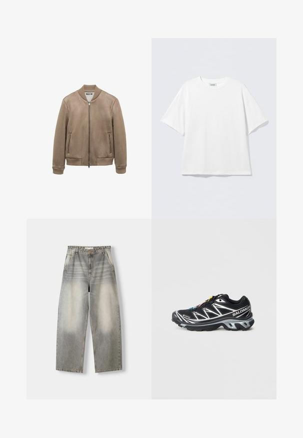 Hnědá semišová bomber bunda s žebrovaným límcem, manžetami a spodním lemem; obsahuje dvě přední kapsy se zipem a centrální zipové zapínání.; Bílé tričko s krátkým rukávem vyrobené z bavlny s kulatým výstřihem a volným střihem. Bez viditelných vzorů nebo zdobení. Jednoduchý design.; Jeany s širokými nohavicemi v světlém šedém odstínu. Mají opraný vzhled, pět kapes a zapínání na knoflík. Materiál je měkký denim.; Černá běžecká bota se stříbrnými akcenty, materiál GORE-TEX, strukturovaná podrážka a barevné šňůrky. Má polstrovanou patu pro podporu.