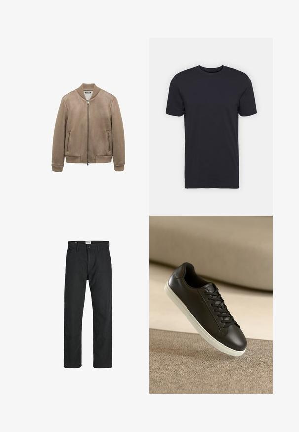 Bruine suede bomberjack met geribbelde kraag, manchetten en zoom; beschikt over twee met rits afgesloten voorzakken en een centrale ritssluiting.; Zwart katoen T-shirt, korte mouwen, ronde hals, effen kleur, lichte stof, gladde textuur, geen zichtbare patronen of graphics.; Zwarte broeken gemaakt van duurzame stof, met een recht gesneden ontwerp, gestikte accenten en twee voorzakken voor functionaliteit.; Zwarte leren sneakers met een witte rubberen zool en zwarte veters, gepositioneerd tegen een beige stoffen oppervlak en achtergrond.