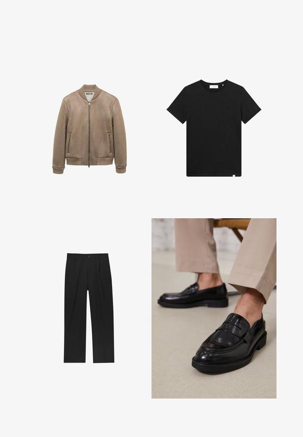 Bruine suede bomberjack met geribbelde kraag, manchetten en zoom; beschikt over twee met rits afgesloten voorzakken en een centrale ritssluiting.; Zwarte T-shirt met korte mouwen van katoen, met een ronde hals en een klein logo geborduurd op de borst. Soepele textuur, normale pasvorm.; Zwarte broeken met een recht model, gemaakt van een gladde stof. Voorzien van een voorplooien en een enkele knoopsluiting bij de taille.; Zwarte leren loafers met een gladde afwerking, voorzien van een decoratieve band en contrasterende stiksels, gecombineerd met beige broeken.