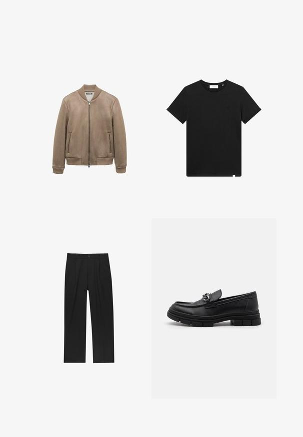 Bruine suede bomberjack met geribbelde kraag, manchetten en zoom; beschikt over twee met rits afgesloten voorzakken en een centrale ritssluiting.; Zwarte T-shirt met korte mouwen van katoen, met een ronde hals en een klein logo geborduurd op de borst. Soepele textuur, normale pasvorm.; Zwarte broeken met een recht model, gemaakt van een gladde stof. Voorzien van een voorplooien en een enkele knoopsluiting bij de taille.; Zwarte leren instapper met een ronde neus, een decoratieve band en hardware, en een chunky, gestructureerde zool. Glad afwerking met subtiele details.