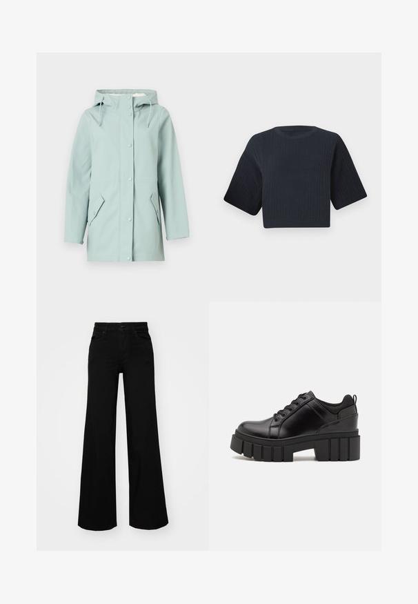 Lyseblå vanntett jakke med hette, knappelukking, to frontlommer og justerbare snorstrammere. Glatt, slitesterkt materiale.; Mørk marineblå cropped strikkegenser med ribbet tekstur, korte vide ermer og rund hals. Enkel design, ingen synlige mønstre eller detaljer.; Svart vide bukser laget av denim, med en strukturert midjebånd, beltestropper og frontlommer. Glatt tekstur med et klassisk design.; Svarte lærplattformsko med kraftig blokkhell, rund tå og tradisjonell snøring. Har en jevn tekstur og minimal detaljering.