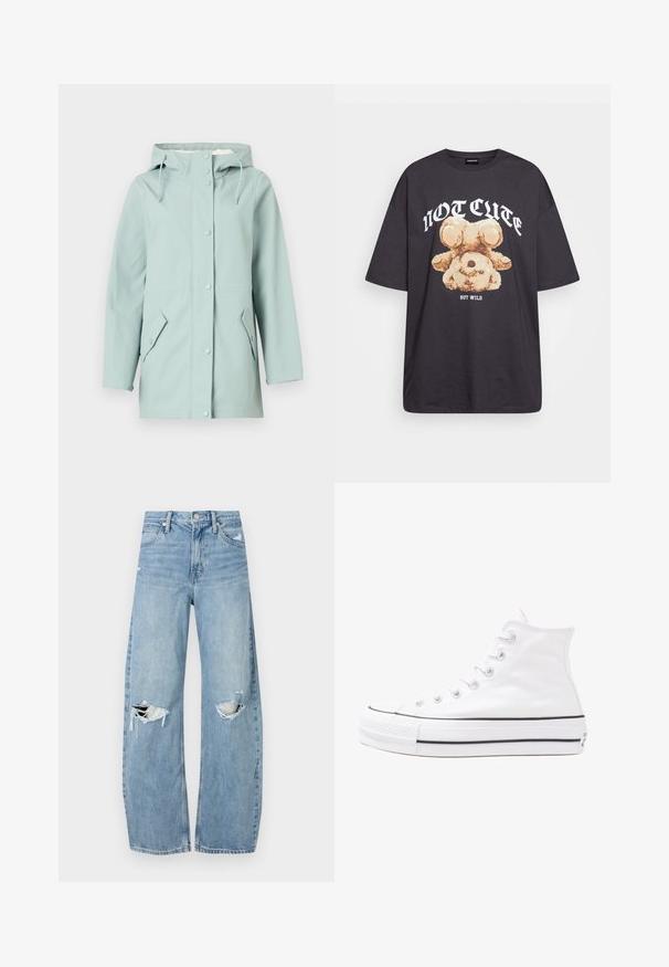 Lyseblå vanntett jakke med hette, knappelukking, to frontlommer og justerbare snorstrammere. Glatt, slitesterkt materiale.; Svart oversized t-skjorte med en grafikk av en bjørn og teksten "IKKE SØT, MEN VILL" i fet, hvit skrift. Laget av bomull.; Lyseblå høytlivsjeans laget av denim. Har vide bein, to revne knær og klassisk fem-lommers design.; Hvit høy-skinn kanvas sneakers med svart gummisåle, gummitåhette foran og seks hull for snorer, med et rent, minimalistisk design.