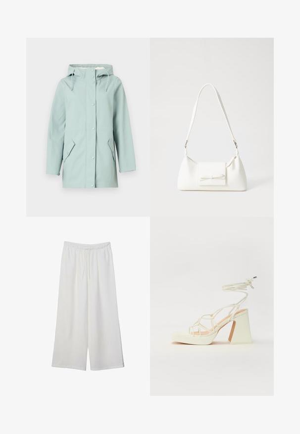 Lysblå vandtæt jakke med hætte, knaplukninger, to forlommer og justerbare snore. Glat, holdbart materiale.; Hvid kortærmet t-shirt lavet af bomuld. Har en rund halsudskæring og en afslappet pasform. Glat tekstur uden synlige mønstre eller detaljer.; Hvide vidde bukser lavet af letvægtsstof, med en elastisk talje og snøre for justerbar pasform. Glat tekstur.; Hvide højhælede sandaler med en kraftig hæl, der har et stropdesign og ankelbinding. Glat tekstur med en platform foran for ekstra højde.; Hvid syntetisk håndtaske med en trekantet form, flad forsideklap og sløjfedetalje, justerbar strop, glat tekstur og minimalistisk design.