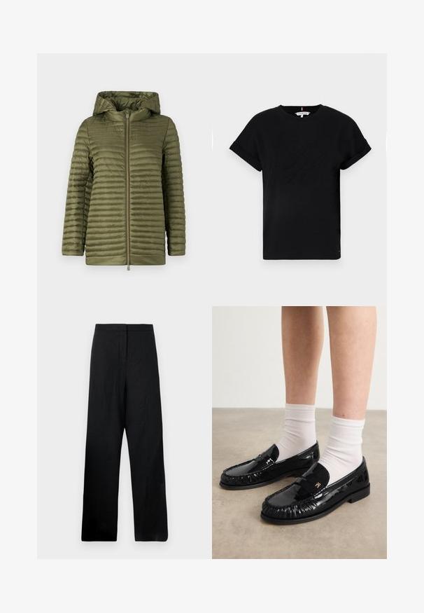 Oliwkowa kurtka puchowa z poziomym przeszyciem, z zamkiem z przodu i podszewką w kapturze. Gładki, lekki materiał o luźnym kroju.; Czarna bawełniana koszulka z krótkimi, podwiniętymi rękawami, z wytłoczonym logo na środku i małym akcentem flagi z boku.; Czarne szerokie spodnie wykonane z lekkiego materiału. Posiadają gładką teksturę, wysoki stan oraz minimalne detale szwów.; Czarne lakierowane mokasyny z frędzlami, podkreślone małym metalowym logo, noszone z białymi skarpetkami do kostek. Płaska podeszwa.