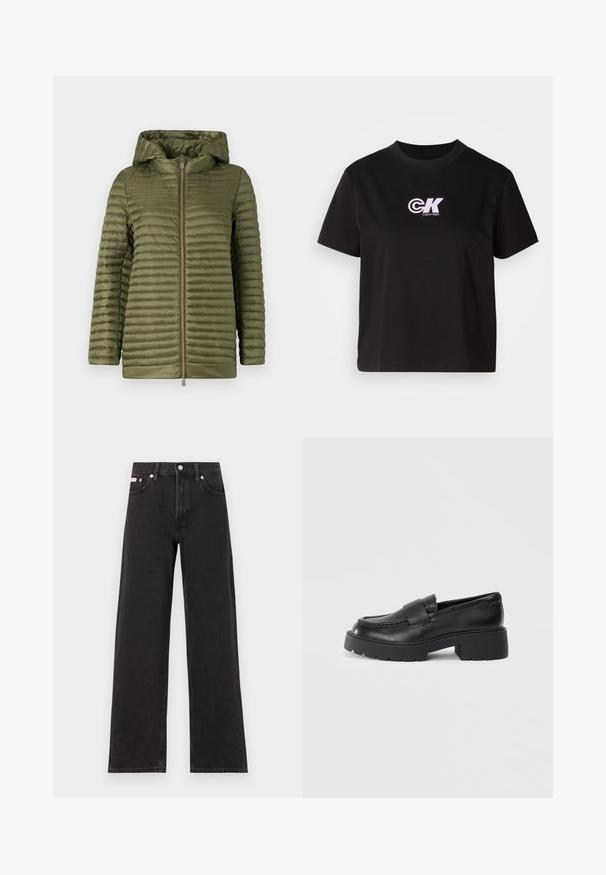 Oliva vihreä toppatakki vaakasuorilla ompeleilla, vetoketjulla edessä ja vuoritetulla hupulla. Sileä, kevyt materiaali rentoon istuvuuteen.; Mustapaitainen puuvillapaita, jossa on pyöreä pääntie ja lyhyet hihat. Etuosa vasemmassa rintakehässä on valkoinen ja vaaleanpunainen "CK" -logo.; Mustat leveälahkeiset farkut, jotka on valmistettu denimistä, korkeavyötäröinen malli, viisi taskua, metallinappi sulkemiseen ja kontrastivärinen ompelu.; Musta nahkakengät loaferit, joissa on teksturoitu pinta, ja joissa on suorakulmainen nauha vampin yli sekä paksu, uritettuakun muotoilu.