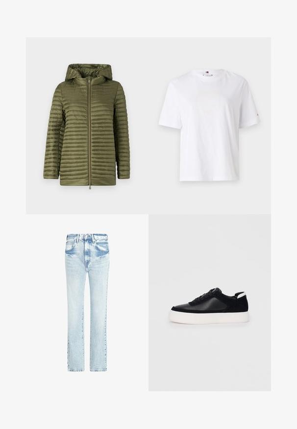 Olijfgroene pufferjack met horizontale stiksels, een ritssluiting aan de voorkant en een gevoerde capuchon. Soepele, lichte stof met een ontspannen pasvorm.; Witte katoenen T-shirt met een ronde hals, korte mouwen en subtiele gele logo-ontwerp met de tekst "HILFIGER NEW YORK 1985." Standaard pasvorm.; Lichtblauwe denim jeans met een recht model, vijf zakken en een vervaagde textuur. Kenmerkt zich door zichtbare stiksels en een klassieke knoopsluiting.; Zwarte sneaker met glad leer en suede panelen, platte veters, ronde neus en een witte rubberen zool. Duidelijk logo op de hiel.