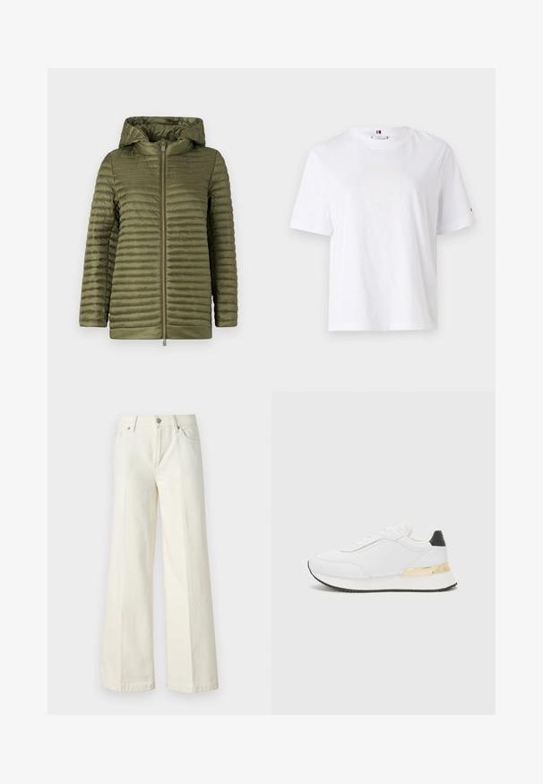 Chaqueta acolchada verde oliva con costuras horizontales, frontal de cremallera y capucha forrada. Material suave y ligero con un ajuste relajado.; Camiseta de algodón blanca con cuello redondo, mangas cortas y un discreto diseño de logo amarillo que dice "HILFIGER NEW YORK 1985." Corte estándar.; Jeans blancos de pierna ancha hechos de una mezcla de algodón. Cuentan con una cremallera en la bragueta, diseño de cinco bolsillos y costuras a lo largo de las costuras.; Zapatilla blanca con un acabado suave, que presenta un acento negro en el talón y un detalle metálico dorado en la entresuela. Diseño de cordones, suela de goma.