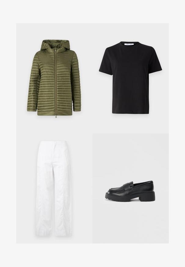 Olive roheline puffjakken horisontaalsete õmblustega, lukuga esiosa ja vooderdatud kapuutsiga. Sile, kerge materjal ja mugav lõige.; Must have lühikeste varrukatega t-särk, mis on valmistatud pehmest puuvillast, ümmarguse kaelusega, lõdva sobivusega ja sileda tekstuuriga. Ei ole nähtavaid mustreid ega graafikat.; Valged laiad püksid, mis on valmistatud kergetest materjalidest, omades siledat tekstuuri, puhtaid jooni ja kõrget vöökohta.; Musträid nahast loafertossud struktureeritud viimistlusega, millel on ristkülikukujuline rihm vampi üle ja jäme, soonikuga talla disain.