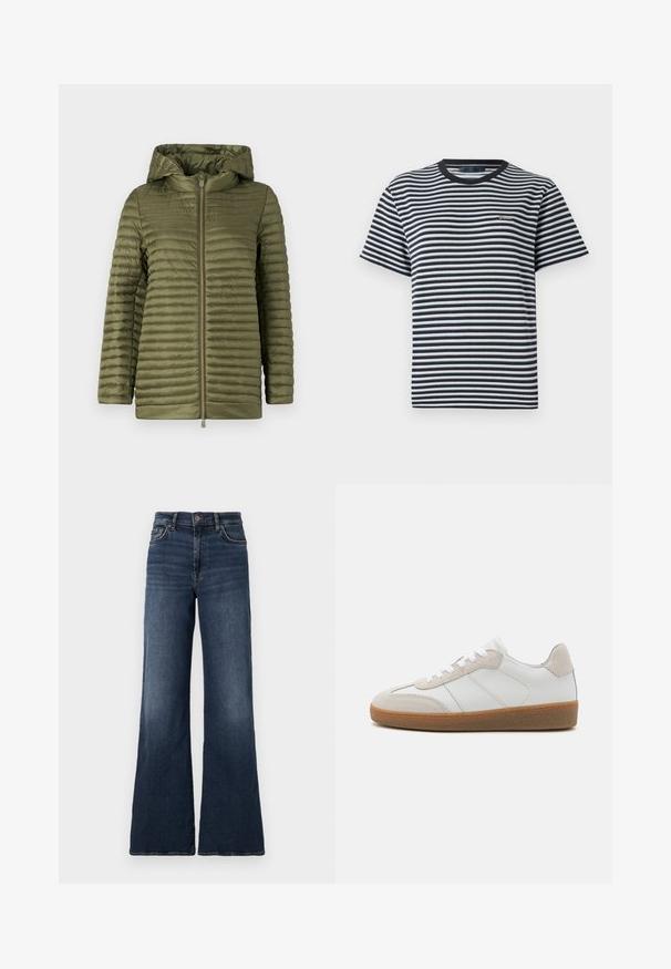 Alie žalia pūkinė striukė su horizontaliomis siūlėmis, užtrauktuku priekyje ir pamuštu gobtuvu. Lygi, lengva medžiaga su laisvu siluetu.; Dryžuotas marškinėliai, turintys juodai baltus horizontalius dryžius, apvaliu kaklu ir trumpomis rankovėmis. Pagaminti iš minkštos, lengvos medžiagos.; Plati kojinės, tamsiai mėlynos džinsinės kelnės su aukštu liemeniu. Turinti klasikį penkių kišenių dizainą ir subtilų nudėvėjimą ant šlaunų. Metalinė sagčių uždarymo sistema.; Balti odos sportiniai bateliai su smėlio spalvos veliūro akcentais, tekstūruota liežuvėliu ir guminėmis padangomis. Yra balti raišteliai ir subtilūs siuvinėti detalės.