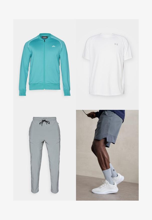 Tealfärgad zip-up-jacka med ribbat krage och mudd, vita accentlinjer längs axlarna, med sidofickor och en logo på bröstet.; Vit kortärmad träningsskjorta tillverkad av mjukt tyg. Har rund halsringning och en grå logo på vänster bröst, med sidoflikar vid fållen.; Ljust grå byxor gjorda av slät tyg, med elastisk midja och snörning, sidofickor och avsmalnande ben.; Vita atletiska skor med texturerad meshöverdela, kombinerat med ljusblå räfflade strumpor med en logotyp. Grå atletiska shorts med perforerad kant.