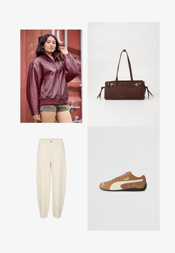 Burgundska kožna bomber jakna z zadrgo, ribbed manšete in dvema stranskima žepoma; gladka tekstura in sproščen kroj.; Bež pleten pulover z visokim ovratnikom, polovičnim zadrgo in padlimi rokavi. Ima rebrast rob in manšete.; Svetlo bež pamukaste hlače s opuštenim krojem, suženim nogavicama, prednjim džepovima in enim gumbom za zapiranje pri pasu.; Rjave zamšaste nizke teniske s kremastimi poudarki, teksturirano površino, črnim gumijastim podplatom in izvezenim logotipom na strani in jeziku.; Rjava semiš torba z dvema naramnima traku, z zlatimi kovinskimi dodatki in nastavljivimi stranskimi vezmi. Ima zadrgo in gladko teksturo.