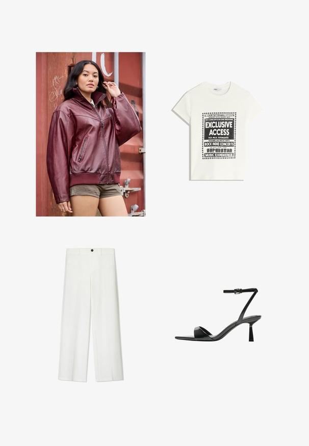 Giacca bomber in pelle bordeaux con chiusura a zip, polsini a coste e due tasche laterali; superficie liscia e vestibilità comoda.; Maglietta bianca con testo nero che promuove un evento musicale, con le scritte "Accesso Esclusivo", "Concerti Rock Indie" e "Esperienza Musicale da Superstar".; Pantaloni bianchi a gamba larga con una texture liscia, dotati di chiusura anteriore con bottone e passanti per cintura, progettati per una vestibilità comoda.; Bershka Sandali con tacco - black