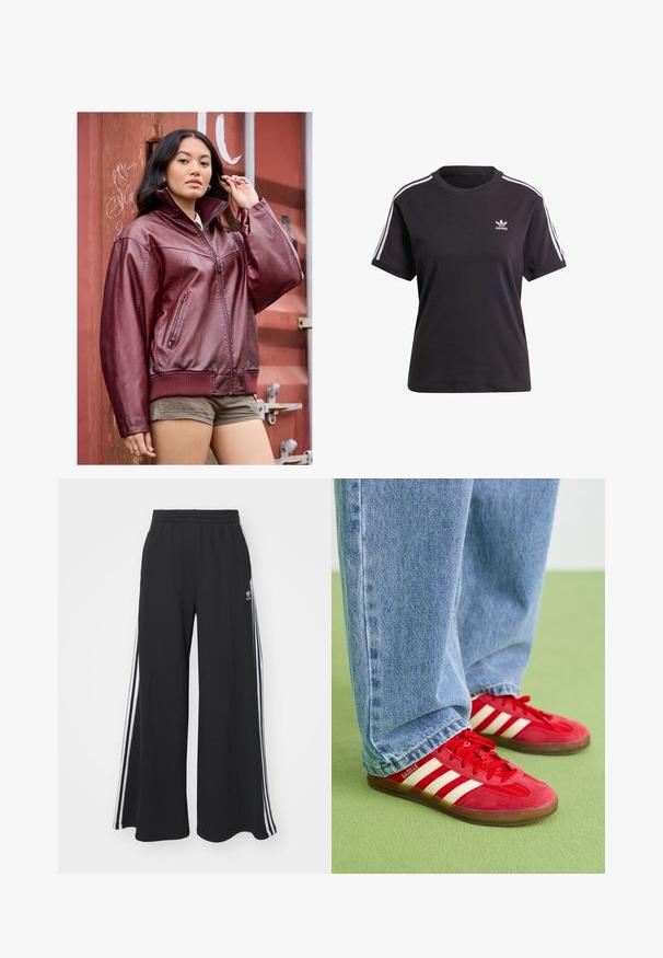 Bordoo nahast bomber-jakk, millel on lukuga sulgemine, soonilised mansetid ja kaks küljetaskut; sile tekstuur ja lõdvestunud sobivus.; Must kõrge kaelusega must puuvillane T-särk lühikeste varrukatega, millel on valged triibud õlgadel ja väike valge Adidas'i logo rinna peal.; Mustad laiad trenni püksid elastse vöökohtaga, millel on valged küljeribad ja tikitud logo vasakul reiel.; Punane sametist spordijalatsid kolme valge triibuga, ümmargune varvas ja tekstuurne välistald, koos helesiniste teksadega rohelise tausta ees.