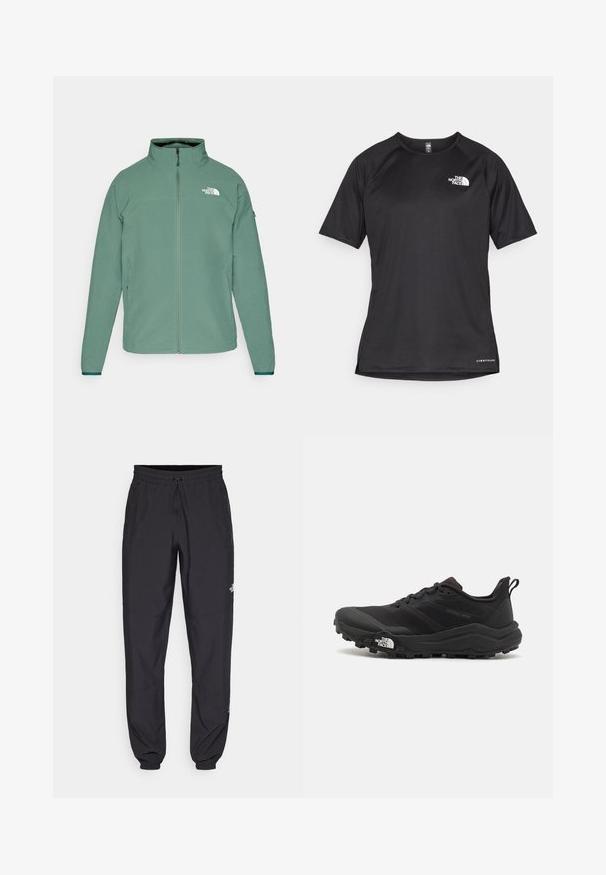 Hele roheline lukuga jakk kõrge kaelusega, tekstuuriga kangast ja rinnal logoga. Sisaldab küljetaskuid ja kontrastseid varrukaid.; Must mustreening, lühikeste varrukatega sportpoliis, millel on tekstuuriga kangas, valge logo vasakul rinnal ja sirge äär.; Mustavad sportlikud püksid, mis on valmistatud kergest kangast, joonlauaga taljest, küljetaskudega ja kitsenevate varrukatega pahkluude juures.; Must tume jooksujalats musta värvi, tekstuurse ülemise osaga, kummist tallaga ja tugevdatud varbaga. Omab pehmendusega krae ja tõmblinti mugavaks selga panemiseks.