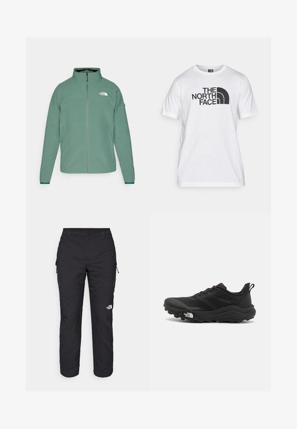 Jaqueta de zíper verde-claro com gola alta, tecido texturizado e logotipo no peito. Inclui bolsos laterais e punhos em contraste.; T-shirt de algodão branca com uma impressão gráfica preta que inclui texto e um design de logótipo curvado. Decote redondo e mangas curtas. Textura lisa.; The North Face WINTER EXPLORATION TAPERED CARGO - Calças para exterior - black; Sapatilha de trail running preta com um upper texturizado, sola de borracha e biqueira reforçada. Possui um colarinho acolchoado e uma alça para facilitar o calçar.