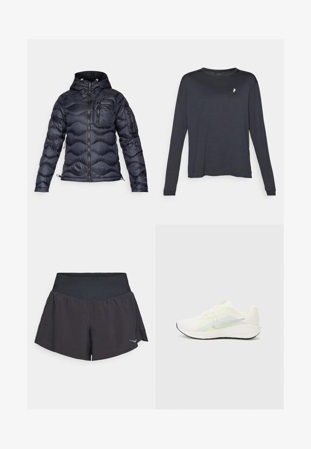 Peak Performance HELIUM UTILITY HOOD JACKET - Pūkinė striukė - black; Tamsus ilgomis rankovėmis marškinėliai pagaminti iš tekstūruotos medžiagos, su apvaliu iškirpimu ir mažu baltu logotipu kairėje krūtinės pusėje.; Juodos sportinės šortai su plačiu, lygiu juosmeniu. Savybės apima platėjantį dizainą ir atspindinčią logotipo detalę apatinėje dešinėje pusėje.; Nike Performance DOWNSHIFTER 13 - Bėgimo batai plentui - sail/silver-coloured photon dust/summit white/barely volt/black