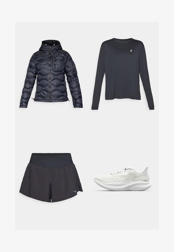 Peak Performance HELIUM UTILITY HOOD JACKET - Piumino - black; T-shirt a maniche lunghe scure realizzato in tessuto testurizzato, con scollo rotondo e un piccolo logo bianco sulla zona sinistra del petto.; Pantaloni sportivi neri con una cintura larga e liscia. Presentano un design svasato e un dettaglio logo riflettente sul lato destro inferiore.; Scarpe sportive bianche con una tomaia texturizzata, design con lacci e una suola imbottita con un profilo ondulato. Branding discreto sul lato.