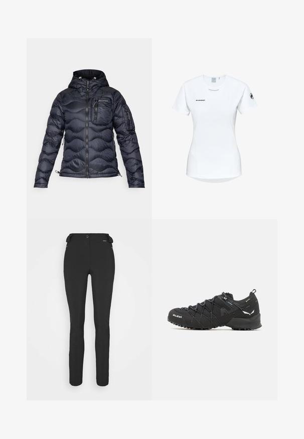 Peak Performance HELIUM UTILITY HOOD JACKET - Down jacket - black; Short-sleeve white athletic shirt with a round neckline, featuring a logo on the chest and a smooth, lightweight fabric texture.; Black, fitted pants made from a flexible material. Features include a zippered side pocket, articulated knees, and a smooth texture.; Black hiking shoes with a textured fabric upper, lacing system, and rugged rubber sole. Accented with reflective details and logos.