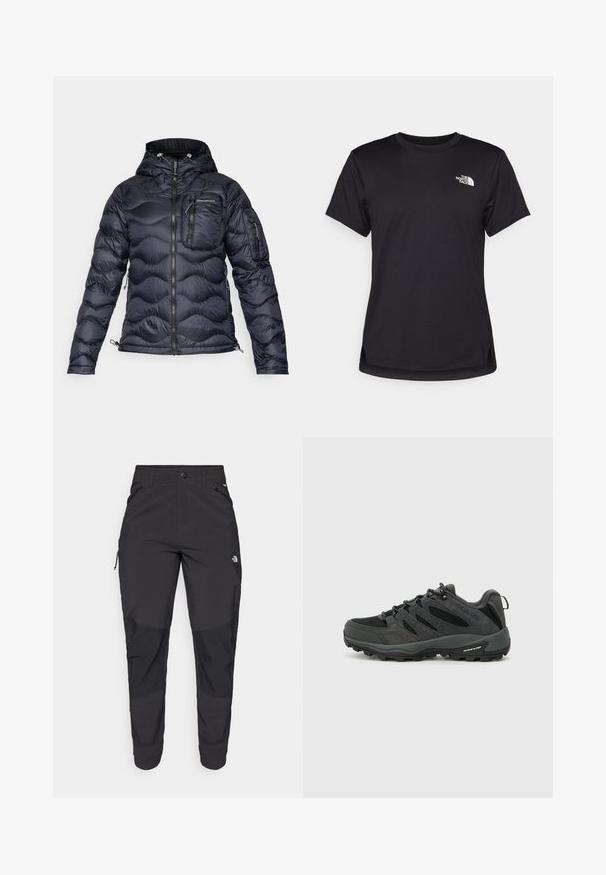 Peak Performance HELIUM UTILITY HOOD JACKET - Dunjakke - black; The North Face FLEX SHORT SLEEVES TEE - T-skjorte til trening - black; Svart utendørsbukser laget av slitesterkt stoff. Har glidelåslommer, forsterkede knær og en rett skjæring for bevegelighet.; Columbia REDMOND - Fjellsko - black/citron haze