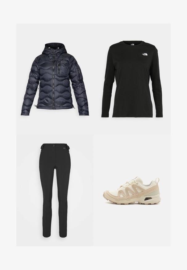 Peak Performance HELIUM czarny; Czarna koszulka z długim rękawem z bawełny z okrągłym dekoltem. Posiada niewielkie białe logo po lewej stronie na piersi. Prosty design i fason.; Czarne, dopasowane spodnie wykonane z elastycznego materiału. Cechy to kieszeń boczna na zamek, strefowe kolana oraz gładka faktura.; Beżowe i kremowe buty sportowe z teksturowanej siateczki, wspierającymi nakładkami oraz gumową podeszwą z wzorem bieżnika zapewniającym przyczepność.