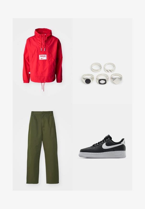 Röd Nike vindjacka med huva, framficka och justerbar dragsko i nederkant. Har en "BULLS"-logotyp på en vit lap. Slät textur.; Set med tre långärmade t-shirts i solid vitt. Tillverkade av mjukt, lätt material med rund hals och enkel, odekorerad design.; Olivgrön, högmidjade byxor med rak bendesign. Tillverkade av ett lätt material, med framfåll och knappstängning.; Svart lädersneaker med strukturerad yta, vit Nike-swoosh, grå sula, rund tå och snörningsdesign. Har perforeringar på tåboxen.; Fem silveringar: en med en svart, cirkulär detalj, en med ett vitt och svart geometriskt mönster, och andra med olika former och ytbehandlingar.