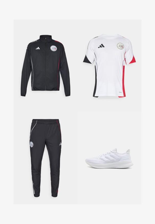 Sort atletisk jakke lavet af letvægtsmateriale, med hvide og røde accenter, høj krave, fuld lynlås og et rundt logo på brystet.; Hvid atletisk trøje med sorte og røde accenter, korte ærmer og rund krave. Inkluderer et logo på fronten. Lavet af åndbart materiale.; Sorte træningsbukser med en tætsiddende pasform. Har hvide og røde sidelister, et elastisk taljebælte og et broderet logo på den øverste lår.; Hvide sportssko med en tekstureret mesh-overdel, en støttende polstret sål og et tre-stripes design på siden.