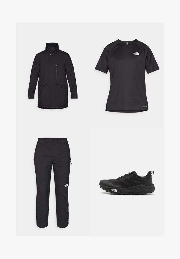 Čierna izolovaná bunda s vysokým golierom, predným zipsom a dvoma veľkými prednými vreckami. Obsahuje zipsové vrecko na hrudi a má hladkú textúru.; Čierne športové tričko s krátkym rukávom z texturovanej látky, s bielym logom na ľavej hrudi a rovným lemom.; The North Face WINTER EXPLORATION TAPERED CARGO - Outdoorové nohavice - black; Čierne trailové behacie topánky s štruktúrovaným zvrškom, gumovou podrážkou a vystuženou špičkou. Obsahuje polstrovaný golier a úchyt na jednoduché obúvanie.