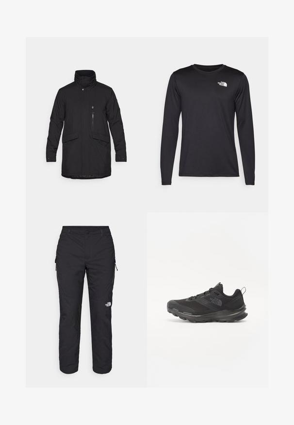 Černá zateplená bunda s vysokým límcem, předním zipem a dvěma velkými předními kapsami. Obsahuje také náprsní kapsu na zip a hladký povrch.; Černé funkční tričko s dlouhým rukávem vyrobené z lehkého materiálu, s bílým logem na horní levé části hrudi. Hladká textura.; The North Face WINTER EXPLORATION TAPERED CARGO - Outdoorové kalhoty - black; Černá sportovní bota s prodyšným svrškem, gumovou podrážkou a polstrovaným límcem. Obsahuje tkaničky, logo na boku a strukturovaný design.