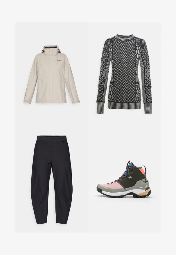 Berghaus HILLWALKER - Hardshell striukė - taupe; Juodas ir pilkas megztinis su tekstūruotu raštu, kanalėliu apykaklėje ir ilgomis rankovėmis, turintis įvairių dizainų ir akcentų visame megztinyje.; Juodos, laisvai krentančios kelnės su mygtuko uždarymu ir šoninėmis kišenėmis, pateiktos prieš baltą foną.; Salewa PUEZ MID PTX - Turistiniai batai - dark olive/shadow