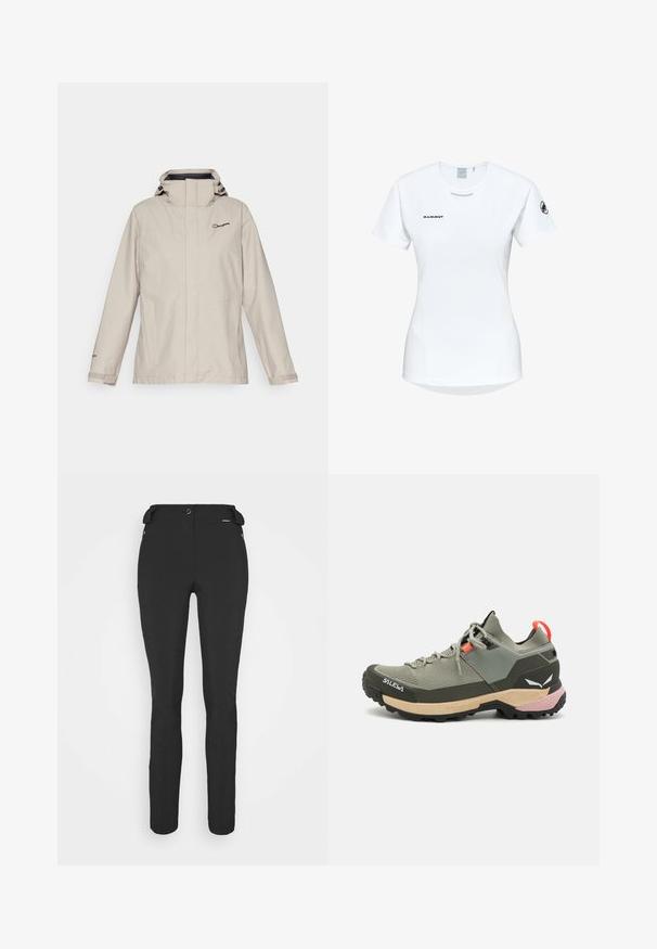 Berghaus HILLWALKER - Hardshell-jakke - taupe; Kortærmet hvid sportsshirt med rund hals, prydet med et logo på brystet og en glat, let stofstruktur.; Sorte, tætsiddende bukser lavet af et fleksibelt materiale. Funktioner inkluderer en lynlåslomme i siden, artikulerede knæ og en glat tekstur.; Letvægts grøn vandresko med mesh- og gummimaterialer, sort skridfast ydersål, pink og orange detaljer samt forstærket tåhætte.