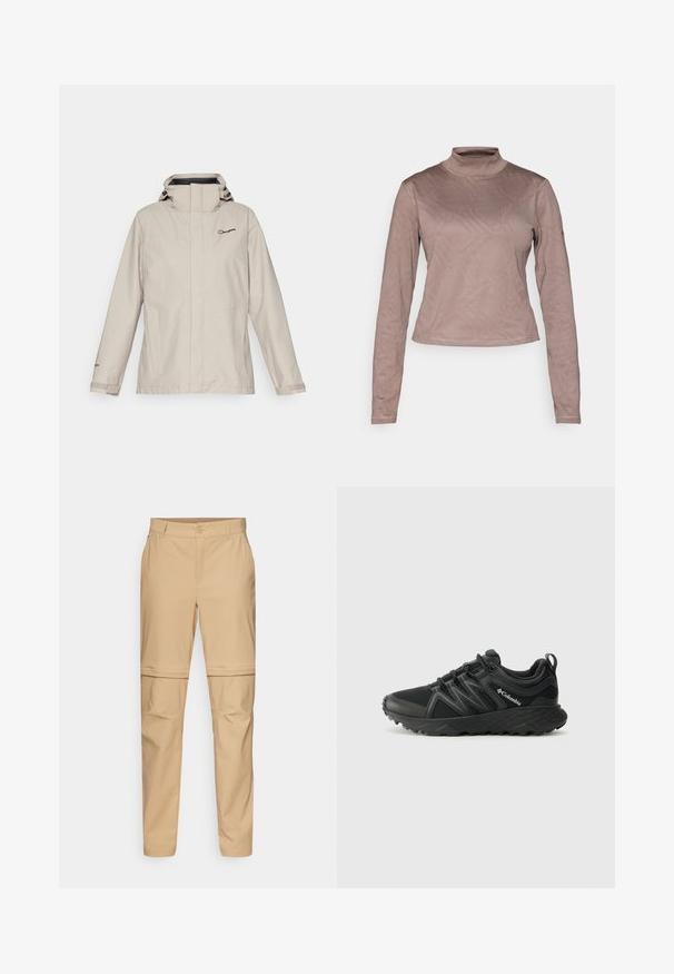 Berghaus HILLWALKER - Hardshell jacket - taupe; Columbia GRANITE POINT™ - Long sleeved top - iron; Beige zip-off cargo pants with a flat front, button closure, and tapered legs. Made from lightweight fabric with a smooth texture.; Columbia PEAKFREAK - Hiking shoes - black