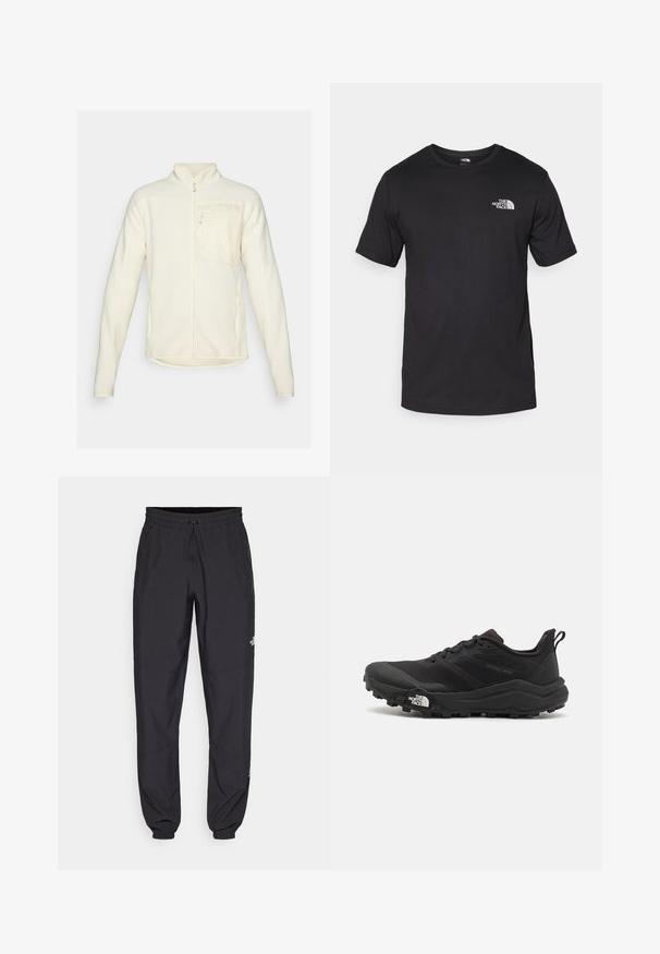 Kreemijakk, millel on kõrge krae, täispikk rihm, tõmbluku tasku rinnal ja kaks küljetaskut; pehme tekstuur, soonikkoes mansetid.; Must have lühikeste varrukatega must T-särk, mis on valmistatud puuvillast, ümmarguse kaelusega ja väikese valge logoga vasakus ülanurgas.; Mustavad sportlikud püksid, mis on valmistatud kergest kangast, joonlauaga taljest, küljetaskudega ja kitsenevate varrukatega pahkluude juures.; Must tume jooksujalats musta värvi, tekstuurse ülemise osaga, kummist tallaga ja tugevdatud varbaga. Omab pehmendusega krae ja tõmblinti mugavaks selga panemiseks.