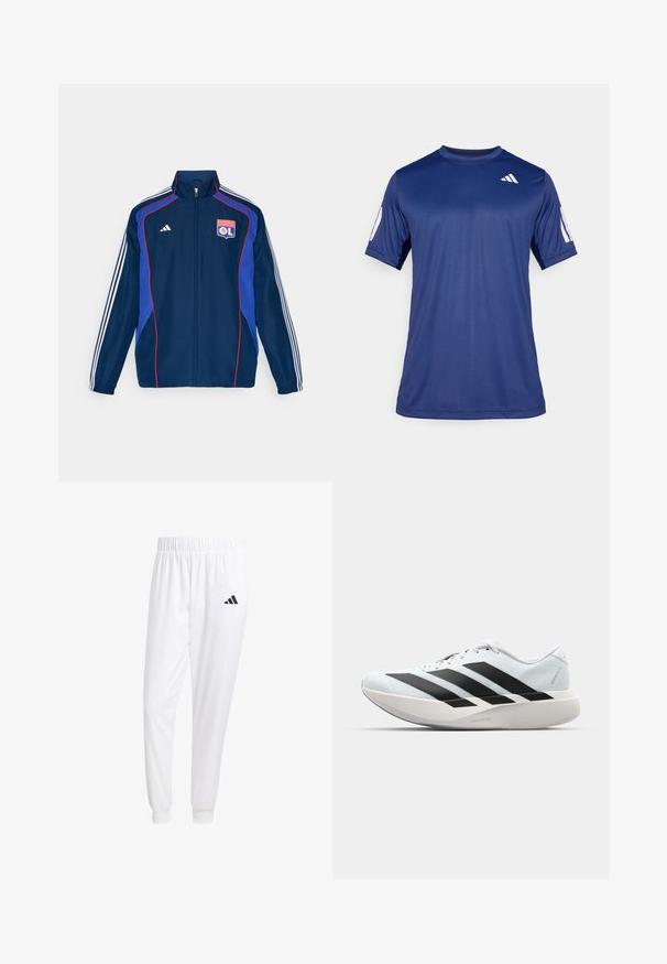 Navy blue tracksuit jacket with red and blue accents, featuring three white stripes on sleeves and an embroidered club logo on the chest.; Navy blue short-sleeve athletic shirt made of smooth fabric, featuring a crew neck and a white logo detail on the upper left chest.; White athletic pants made of smooth fabric, featuring an elastic waistband and fitted cuffs, with a black logo on the back pocket.; Lightweight running shoes in pale blue with black stripes. Features a smooth upper, round toe, and thick white midsole labeled "LIGHTSTRIKE PRO."