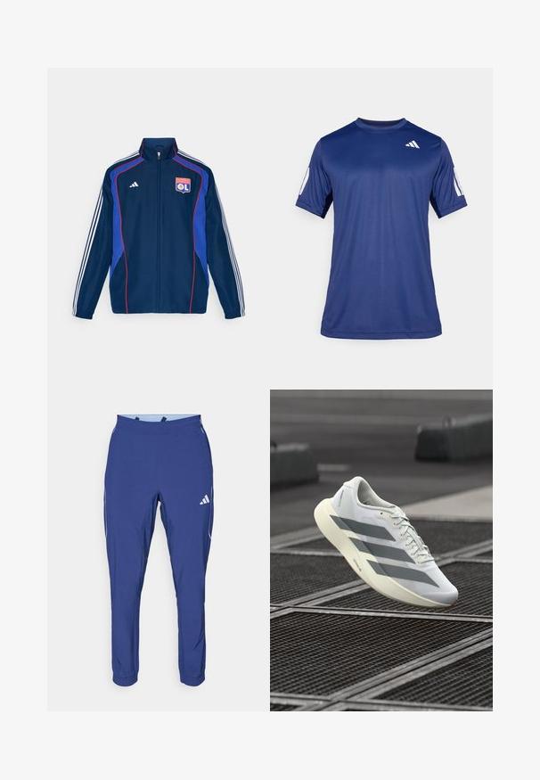 Sötétkék tréningdzseki piros és kék díszítéssel, három fehér csíkkal az ujján és hímzett klublogóval a mellkasán.; Tengerészkék, rövid ujjú, sportos póló sima anyagból, kerek nyakkivágással, a bal felső mellrészen fehér logó részlettel.; adidas Performance TECH APP - Tréningruha alsók - dark blue/glow blue; Fehér sportcipő texturált hálós felsőrésszel, szürke csíkokkal és párnázott talppal. Könnyű kialakítás, alkalmas futáshoz.