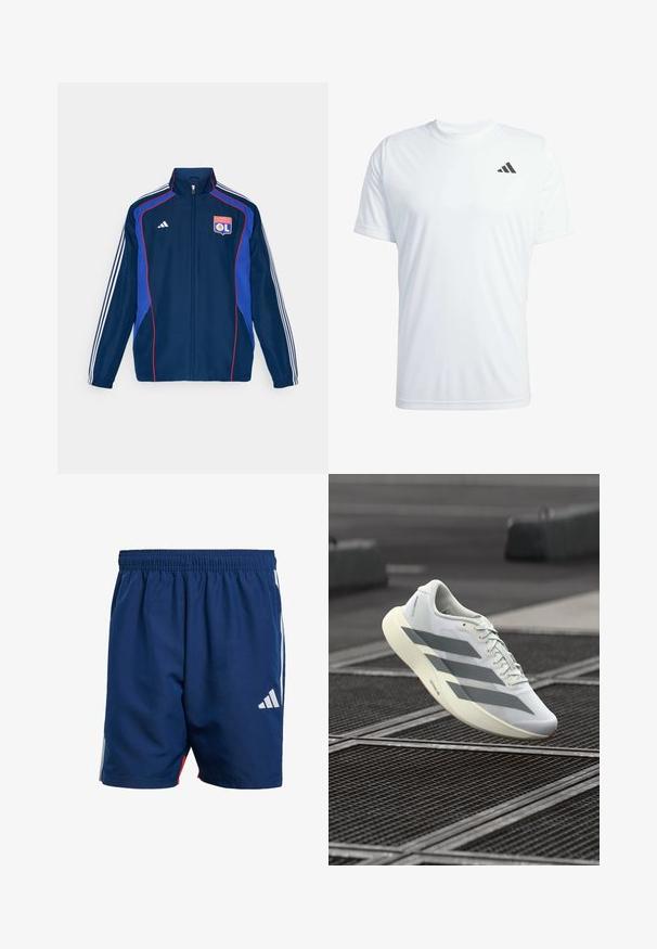 Navy blue tracksuit jacket with red and blue accents, featuring three white stripes on sleeves and an embroidered club logo on the chest.; White short-sleeve athletic t-shirt made of lightweight fabric featuring a black Adidas logo on the upper left chest.; Navy blue athletic shorts with an elastic waistband, side white stripes, and a small white logo on the lower left leg. Lightweight material.; White athletic shoe with a textured mesh upper, featuring grey stripes and a cushioned sole. Lightweight design suitable for running.