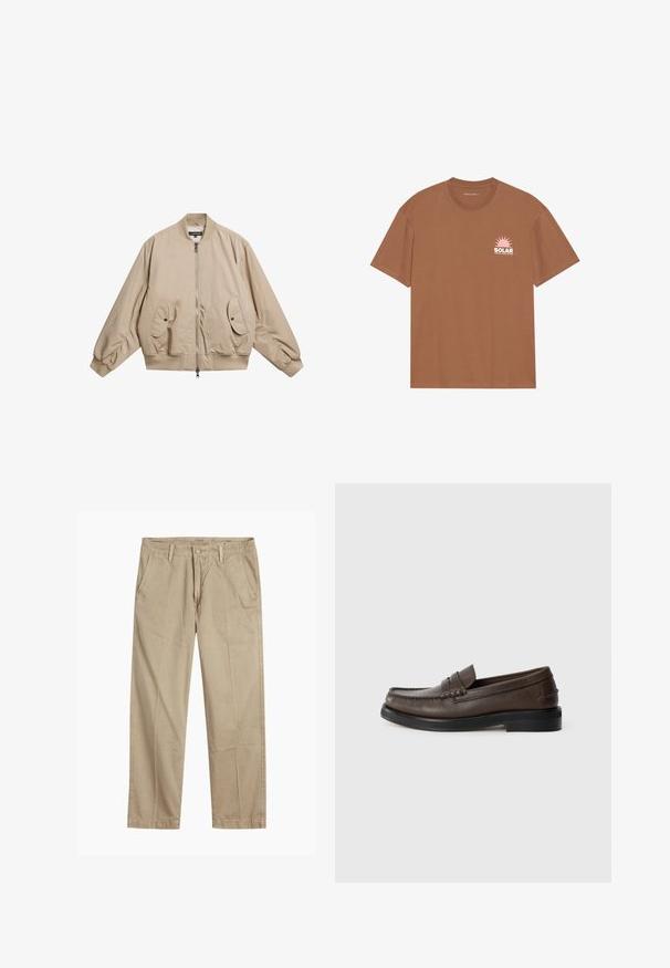 J.LINDEBERG BRADLEY - Pilotska jakna - moonbeam; Smeđi kratki rukavi majica od pamuka, s rozim grafikom sunca i natpisom "SOLAR" na lijevom prsnom dijelu. Dizajn s okruglim izrezom.; Bež chinos hlače ravnog kroja s petljama za remen, prednjim gumbom i zatvaranjem nazip, te kosi prednjim džepovima.; Smeđe kožne loafers cipele sa okruglim vrhom, detaljnim šavovima i ravnim crnim đonom. Imaju mali ukrasni remen preko gornjeg dela stopala.