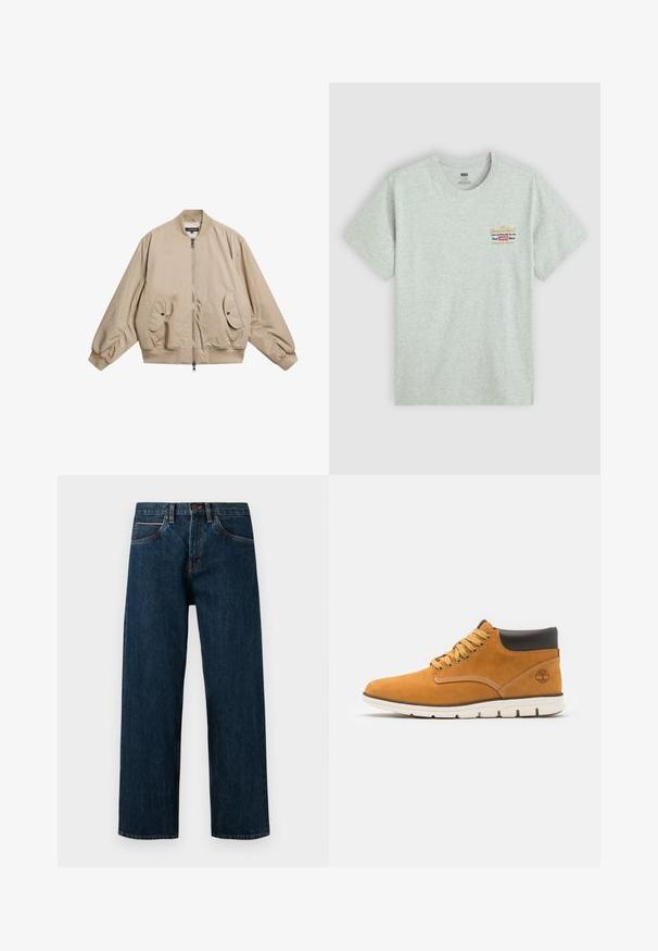 J.LINDEBERG BRADLEY - Bomber tipa jaka - moonbeam; Pelēka kokvilnas t-krekls ar īsām piedurknēm, apaļu kakla izgriezumu, ar daudzkrāsainu zīmola logotipa druku augšējā kreisajā pusē. Gluda tekstūra.; Tumši zili džinsi ar taisnu griezumu, ar piecām kabatām un kontrastējošām oranžām šuvēm gar vīlēm.; Brūni zamšādas potītes zābaki ar mīkstu apkakli, ar zelta acu caurumiem un auklām, kontrastējošu šuvumu un baltu gumijas zoli.